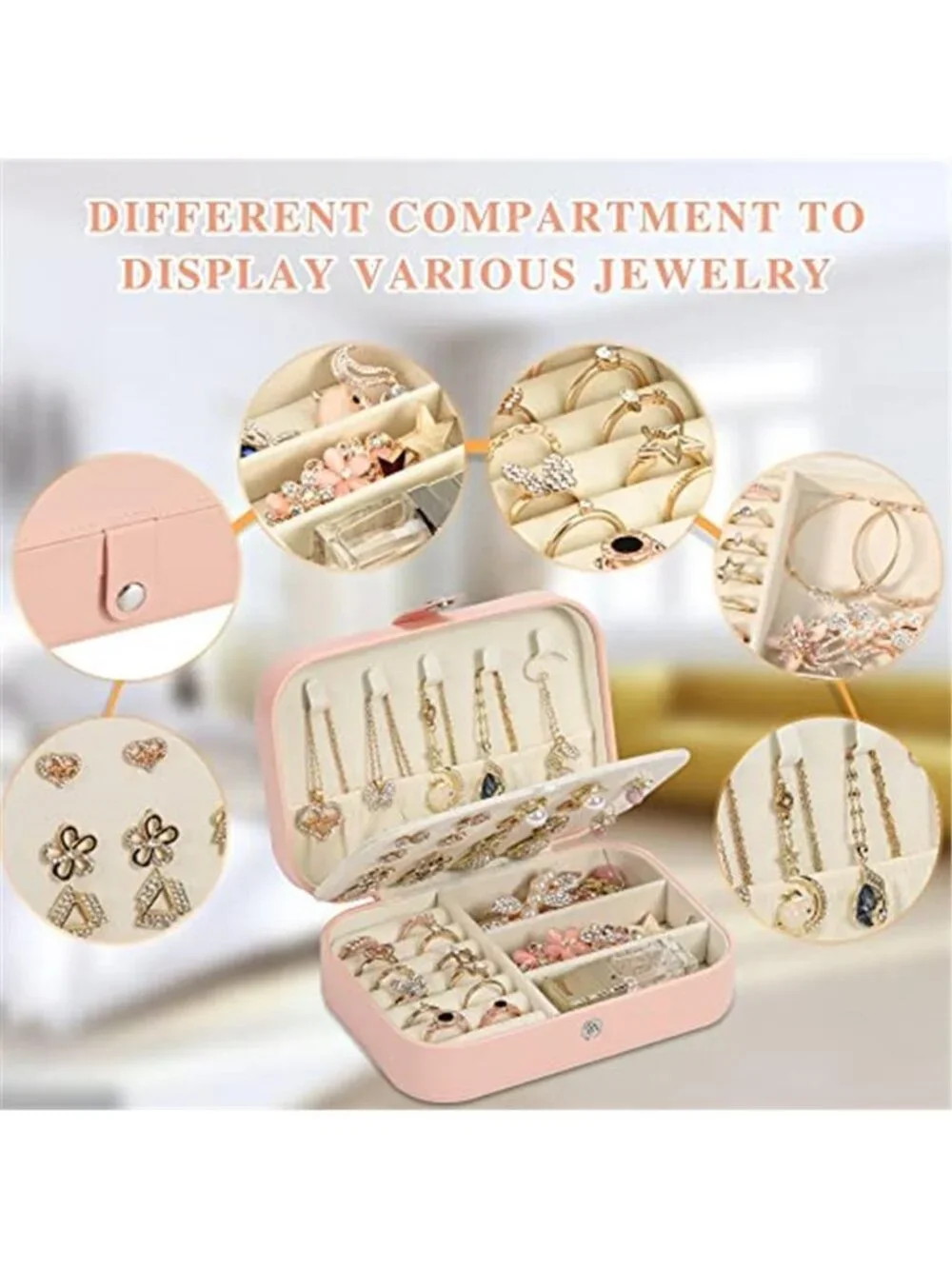 Pink Travel Jewelry Box PU Leather Organizer Earrings Rings Necklaces Portable